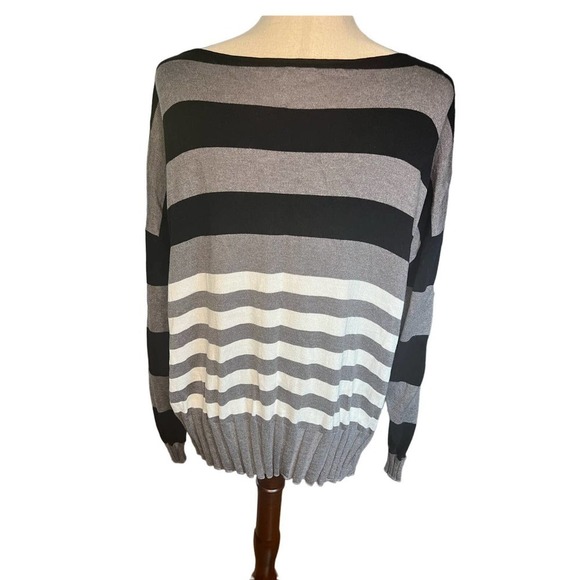 Women's Planet Boatneck Ribbed Sweater. Lightweight, Blk/White/Gray Stripe, OS - Picture 9 of 15